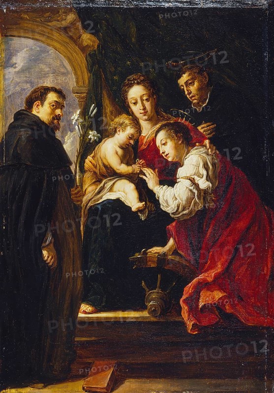 The Mystic Marriage of Saint Catherine (after Fetti) (1651 - 1656), painting by David Teniers (baptised 15 December 1610 in Antwerp, died 25 April 1690 in Brussels), Flemish painter, draughtsman and curator. He was an innovator in a variety of genres such as history painting, genre painting, landscape, portrait and still life. He is most remembered today as the leading Flemish genre painter of his time, reproduction from a 17th century painting. Authentic, file restored for optimal use, exact date of original unknown