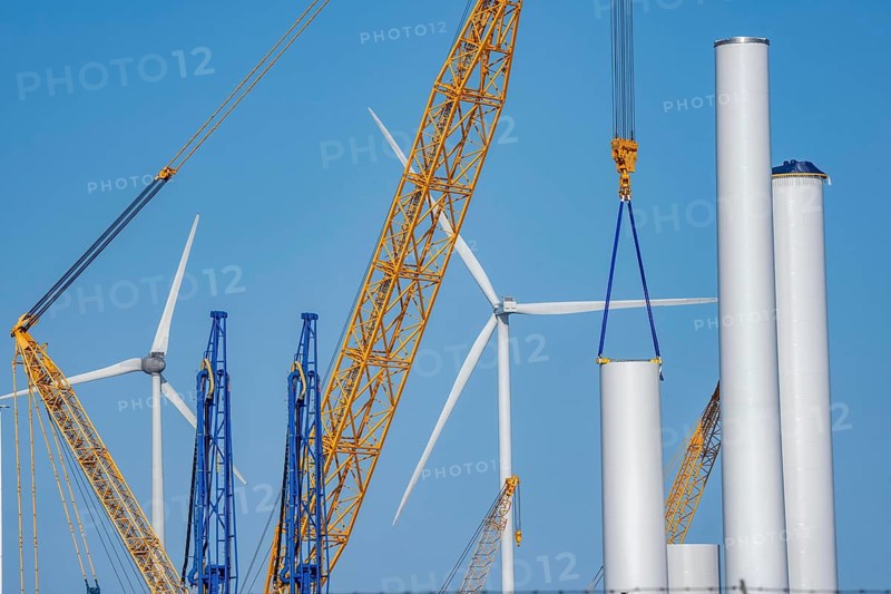 The seaport of Eemshaven, Julianahaven Basin, is where the components, rotors, tower components, technical gondolas, for offshore wind farms, which are then assembled into actual wind turbines, the components are transported to the wind farms in the North Sea with large working vessels and assembled there, Eemshaven, the Netherlands