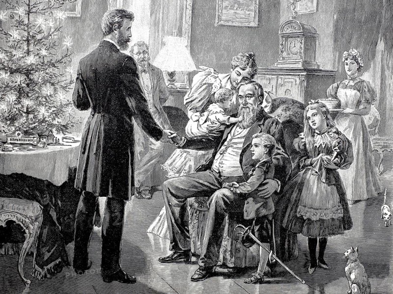 Historical scene depicts a wealthy family celebrating Christmas in the 19th century, the illustration shows the tradition of the decorated Christmas tree, which spread in German-speaking countries and beyond during this period, 1890, Germany, illustration, reproduction from a model from the 19th century. Authentic, file restored for optimal use, exact date of submission unknown, historical
