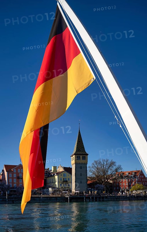 German flag, German flag, flying on ferry, behind Mangturm, Lindau, Bavaria, Lake Constance, Germany