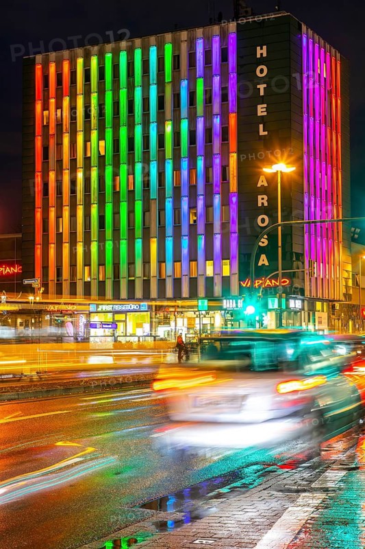 Novum Hotel Arosa Essen, with LED illuminated facade, in Essen Rüttenscheid, Essen, North Rhine-Westphalia, Germany