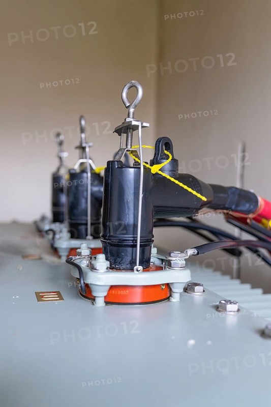 Close-up of electrical connections on a transformer, switch cabinet construction, PV system construction, major customers, Enzkreis, Germany