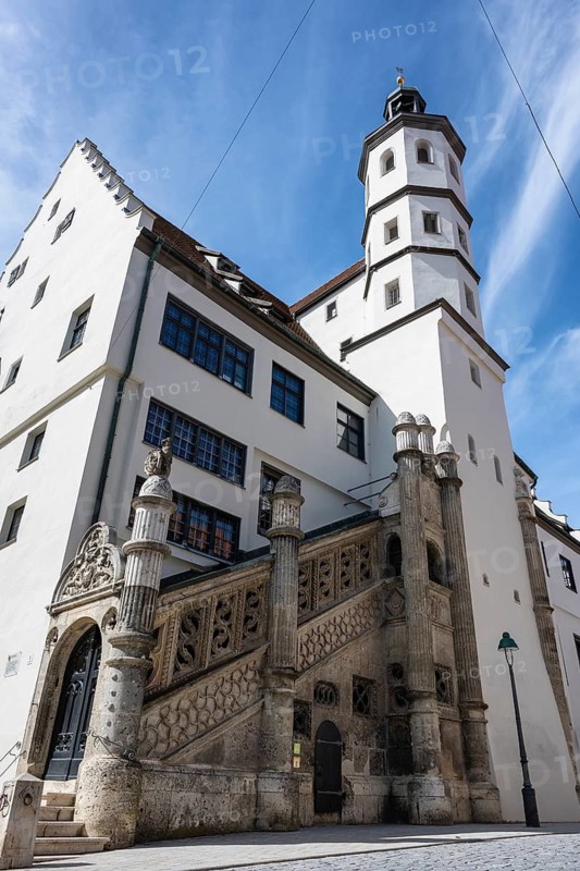 The historic town hall with the stone staircase with late Gothic forms and Renaissance ornaments in the old town of Nördlingen, Donau-Ries district, Nördlinger Ries, Bavaria, Germany