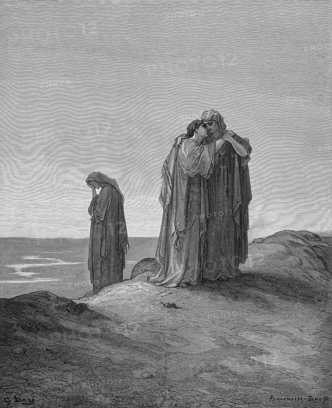 Naemi or Naomi and her cords, Orpa kissed her mother-in-law goodbye, book of Ruth, chapter 1, verse 14, Bible, Old Testament, story, farewell, grief, tears, kiss, separation, pain, duty, historical illustration based on Gustave Doré around 1880