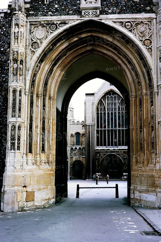 Arched entrance to Norwich Cathedral, Norfolk, England 1966