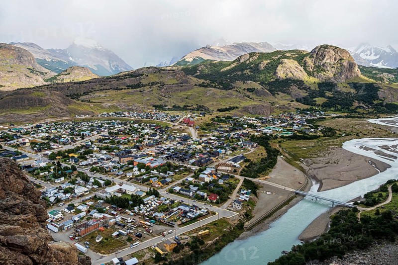 View over village El Chalten, rainy day, El Chalten, Argentina