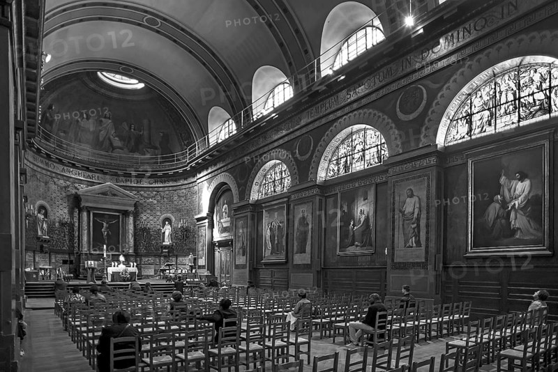 Interior of Saint Louis d'Antin church, built 1783, black and white, Paris, France