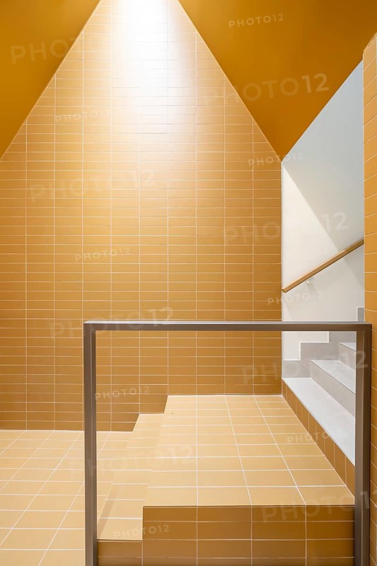 Vibrant orange tiles enhancing the eco-friendly, sustainable design of this modern interior. The architecture showcases energy-efficient features with a focus on passive house techniques and low-emission materials
