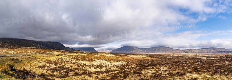 Panorama of Rannoch Moor over Loch Ba and Loch of the Armpit, A82 Highland Way, Argyll and Bute, West Highlands, Scotland, UK