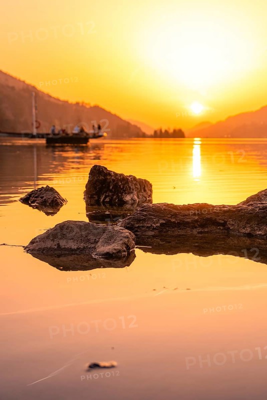 Sunset over a quiet lake with rocks in the foreground and warm light, Großer Alpsee, Immenstadt im Allgäu, Bavaria, Germany