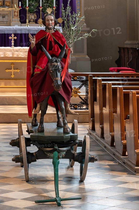 Palmesel decorated for the Palmesel procession, tradition since the 18th century, Parish Church of the Assumption of the Virgin Mary, Thaur, Innsbruck district, Tyrol, Austria