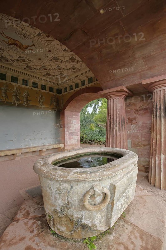 Stone water basin with columns, UNESCO Roman House, Ilmpark, Weimar, Thuringia, Germany