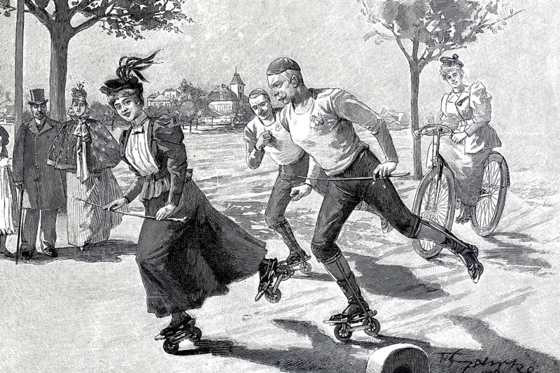 Race on skates or roller skates, around 1895, Berlin, Germany, illustration, reproduction from a model from the 19th century. Authentic, file restored for optimal use, exact date of submission unknown, historical, men and woman competing on roller skates, spectators along the way