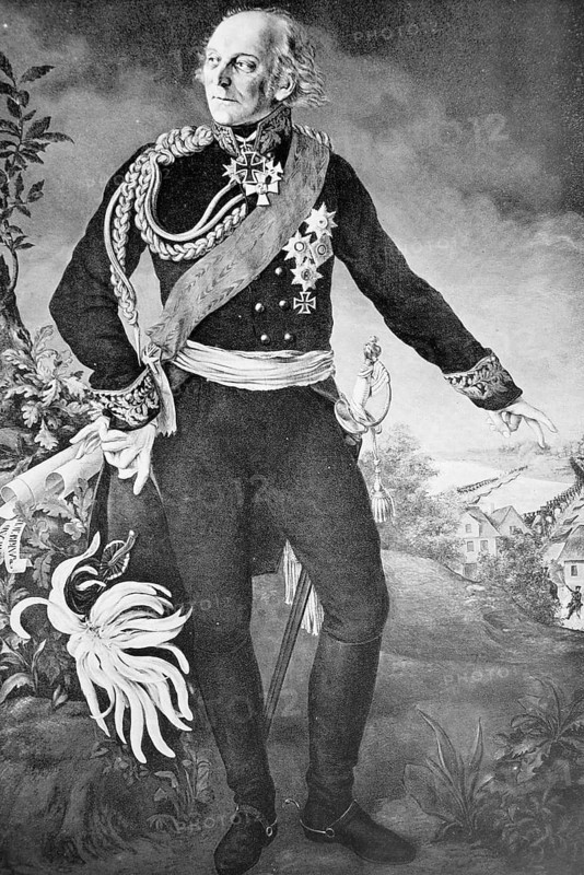 Johann David Ludwig Graf Yorck von Wartenburg, 26 September 1759, 4 October 1830, was a Prussian field marshal who was instrumental in the conversion of the Kingdom of Prussia from a French to a Russian alliance during the Sixth Coalition War, Historical, digitally restored reproduction of an original 19th century original
