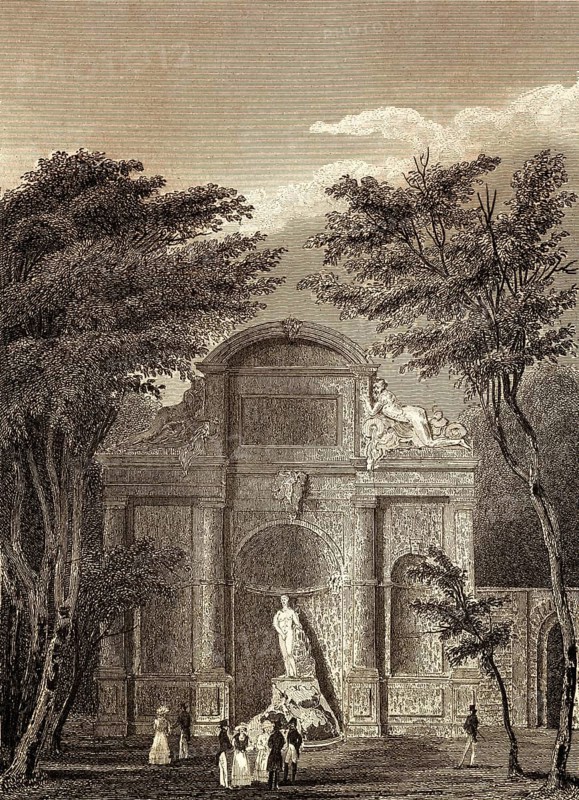 Parc de Saint-Cloud, near Paris, antique steel engraved print, 1831