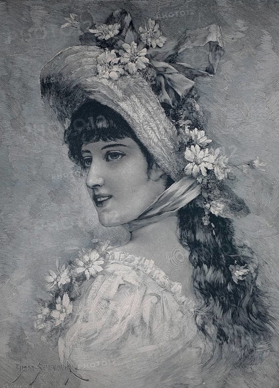 May period, portrait of a young woman braiding flowers in her hair, spring, 1890, illustration, reproduction from a model from the 19th century. Authentic, file restored for optimal use, exact date of submission unknown, Historical, An elegant portrait of a woman wearing a floral hat in romantic style, smiling and thoughtful