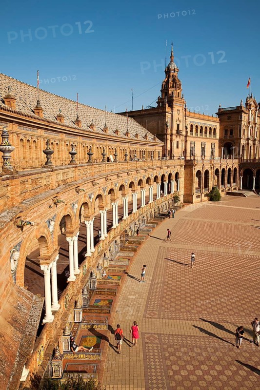 The Plaza de España, Seville, Spain built in 1928 for the Ibero-American Exposition of 1929. It is a landmark example of the Renaissance Revival style in Spanish architecture