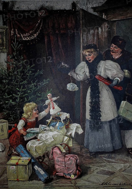 Early Christmas surprise, the girl found her gift, a doll, even in front of the presents, 1890, illustration, reproduction from a model from the 19th century. Authentic, file restored for optimal use, exact date of original unknown, historical, festive scene with family, Christmas tree and gifts, joyful atmosphere