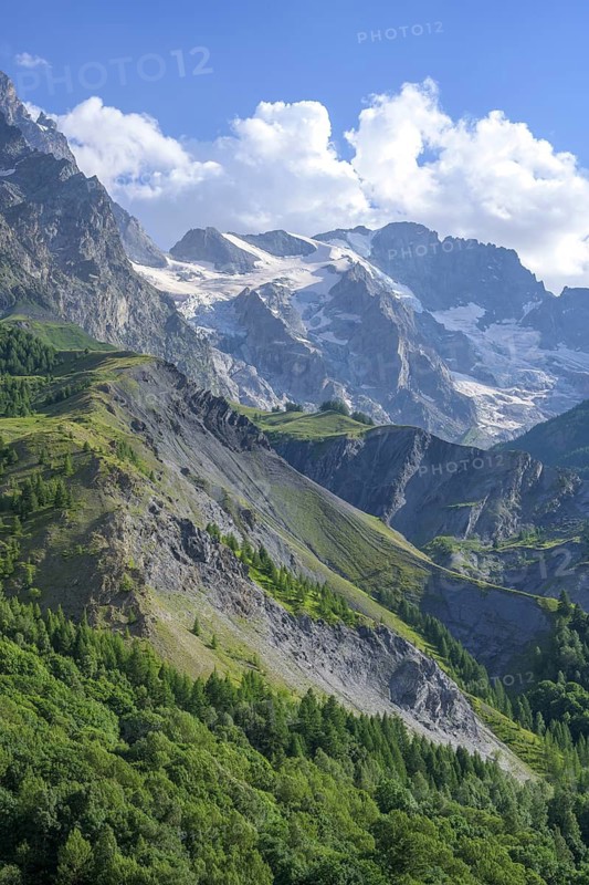 Glaciers of the Meije group and eroded mountain slopes, La Grave, Hautes-Alpes department, France