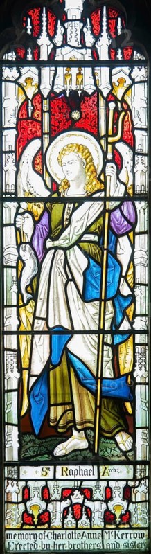 Stained glass window of Saint Raphael archangel, Ansford church, Somerset, England, UK