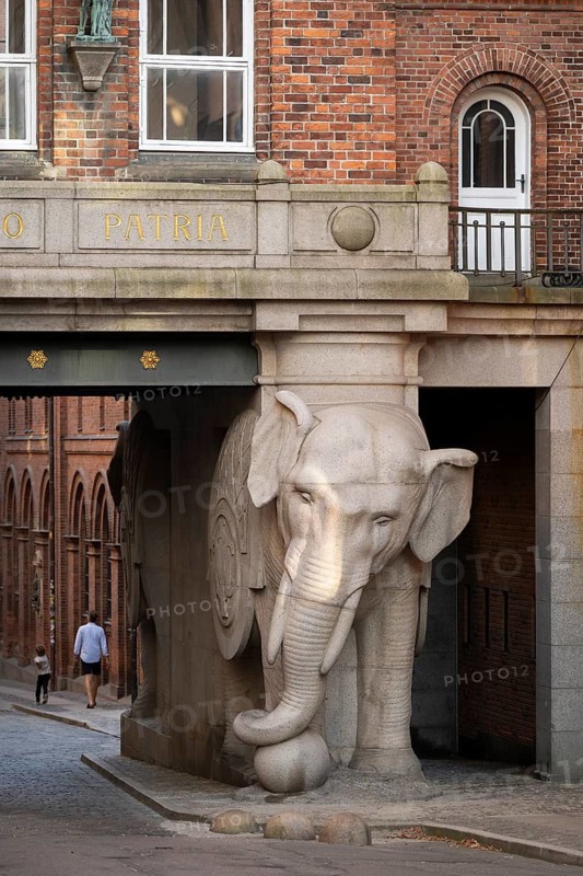 Monumental stone elephant, elephant gate or elephant portal or Elefantporten, designed by architect Vilhelm Dahlerup, Carlsbergbygen, Carlsberg neighbourhood, Valby, Copenhagen, Denmark