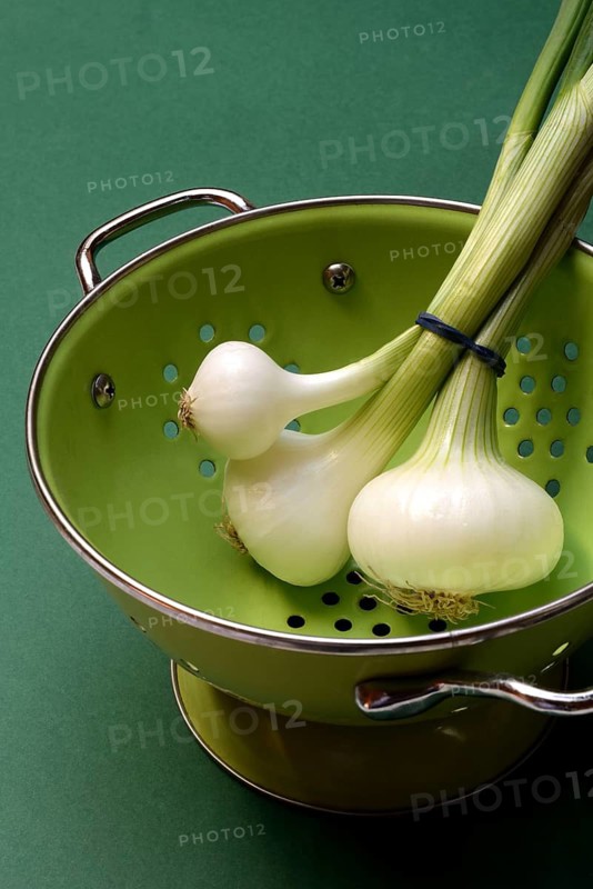 Onion, spring onions in sieve pot