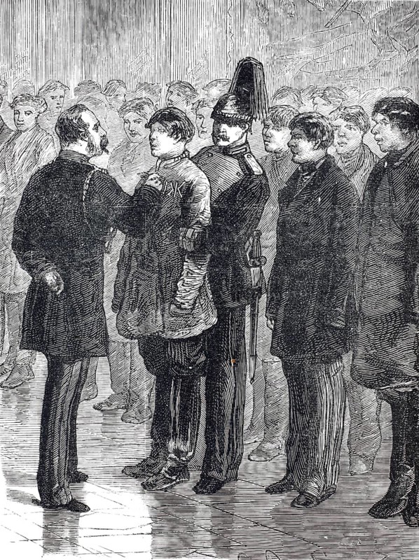 A historical scene from the Russo-Ottoman War (1877-1878) . In the centre is Tsar Alexander II of Russia marking recruits with their respective regimental numbers, illustration, reproduction from a 19th century original. Authentic, file restored for optimal use, exact date of original unknown, Historical
