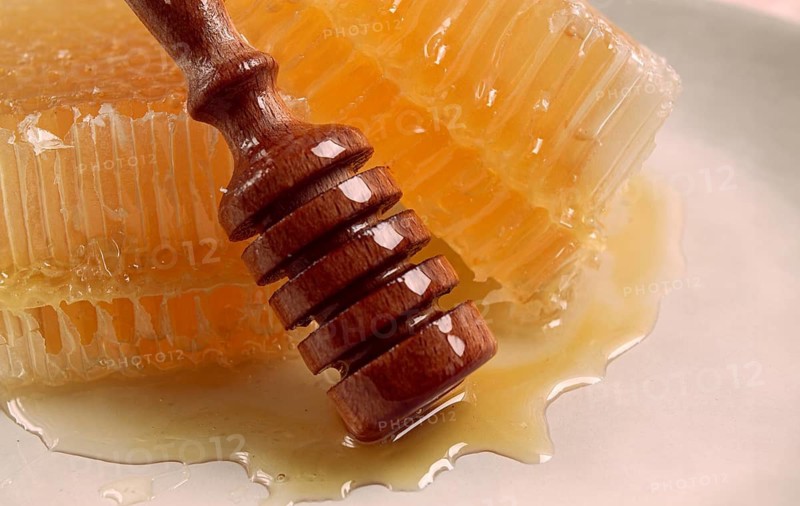 Honeycomb, with a wooden spoon-spindle, on a plate, no people