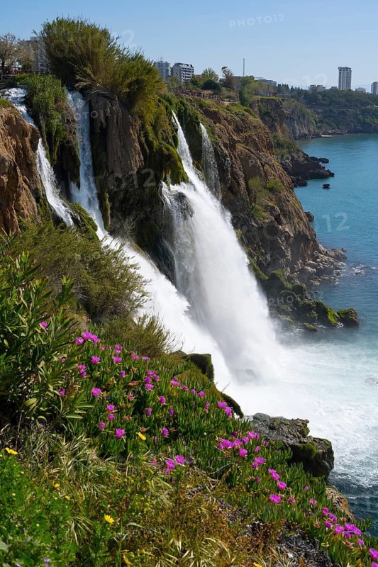 A waterfall falls from a cliff into the sea, surrounded by flowers and with buildings in the background, Lower Düden Waterfall, Düden River, Antalya, Turkey