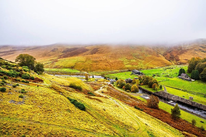 Autumn colors over Claerwen Dam, Claerwen Valley, Elan Valley Reservoir, Rhayader, Powys, Wales, UK