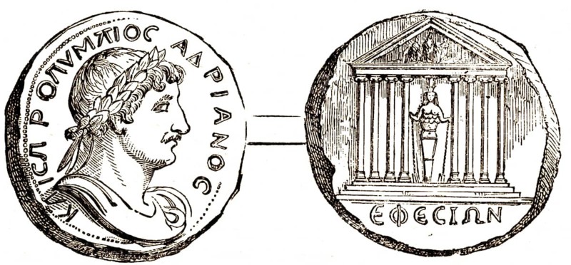 Coin from Ephesus from the time of Emperor Hadrian, temple and image of the goddess Diana, the Acts of the Apostles, chapter 19, New Testament, Ephesus, Asia Minor, today Turkey, Bible, historical illustration 1850