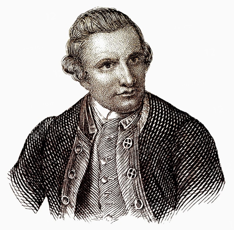 Portrait of Captain James Cook, 1728 - 1779, a British navigator and explorer, Portrait von Kapitän James Cook, 1728 - 1779, ein britischer Seefahrer und Entdecker