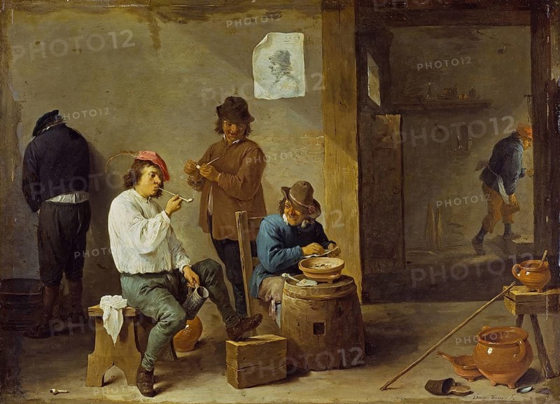 The Smokers (1644), painting by David Teniers (baptised 15 December 1610 in Antwerp, died 25 April 1690 in Brussels), Flemish painter, draughtsman and curator. He was an innovator in a variety of genres such as history painting, genre painting, landscape, portrait and still life. He is most remembered today as the leading Flemish genre painter of his time, reproduction from a 17th century painting. Authentic, file restored for optimal use, exact date of original unknown