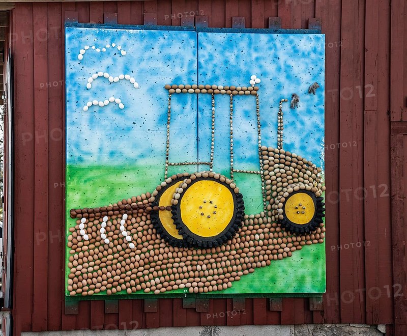 Picture on outdoor wall showing tractor made of many eggs in Olsgård, Tomelilla municipality, Skåne county, Sweden, Scandinavia