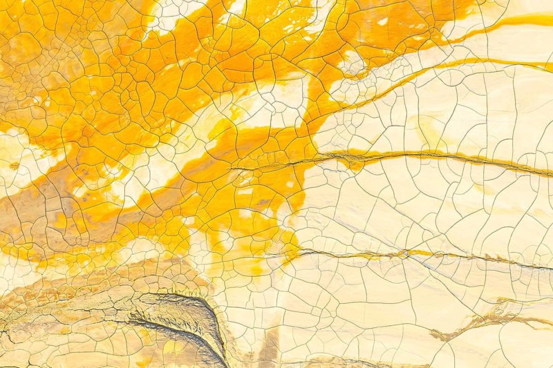 This image captures the intricate textures and sunny hues of golden mud drying and cracking. The interconnected patterns form abstract landscapes across a rich, golden backdrop