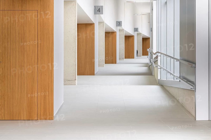 A sleek corridor featuring a row of wooden doors set against textured stone walls, illustrating the fusion of modern design and natural materials