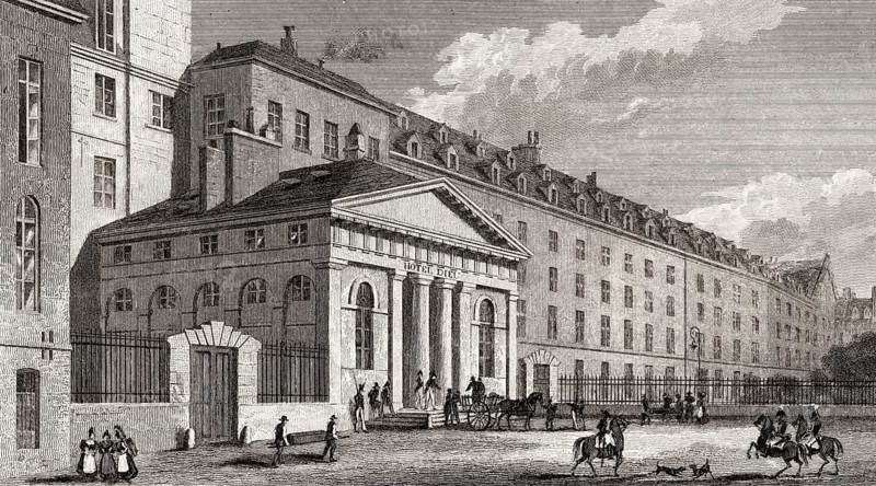 Hôtel-Dieu de Paris, antique steel engraved print, 1831