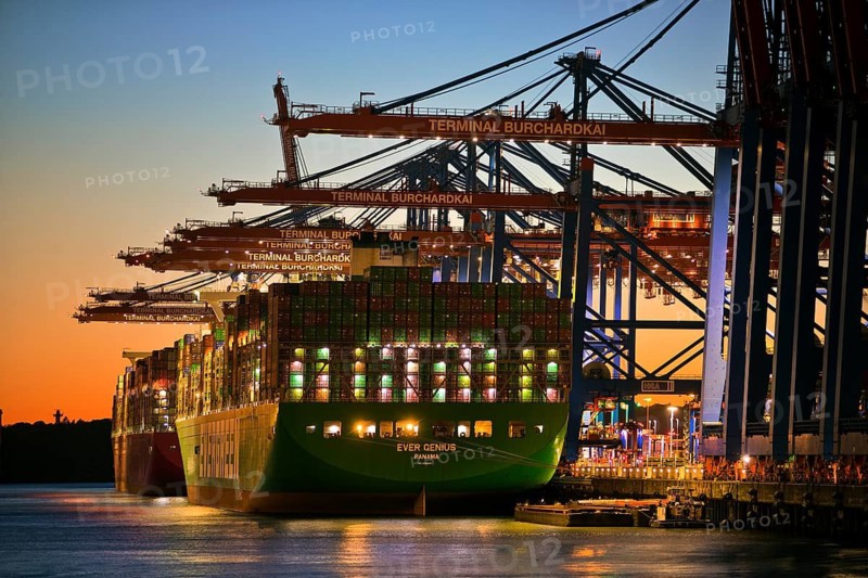 Container terminal Burchardkai with full container ship Ever Genius from Panama in the evening, Port of Hamburg, Hamburg, Germany