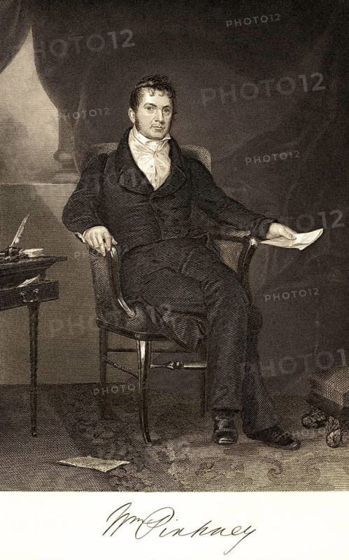 William Pinkney (1764-1822) politician, senator, representative of Maryland, diplomat, jurist, minister of justice, attorney general, USA, room, armchair, sitting, table, inkwell, quill, document, young man, portrait of famous American, signature, artist Alonzo Chappel, steel engraving, historical illustration 1862
