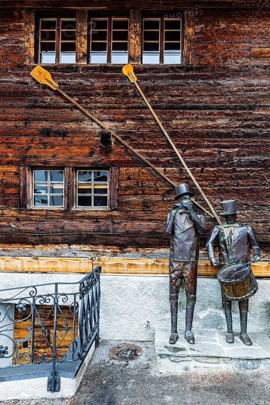 Musicians as copper statues, Saint Luc, Val d'Anniviers, Valais Alps, Canton Valais, Switzerland