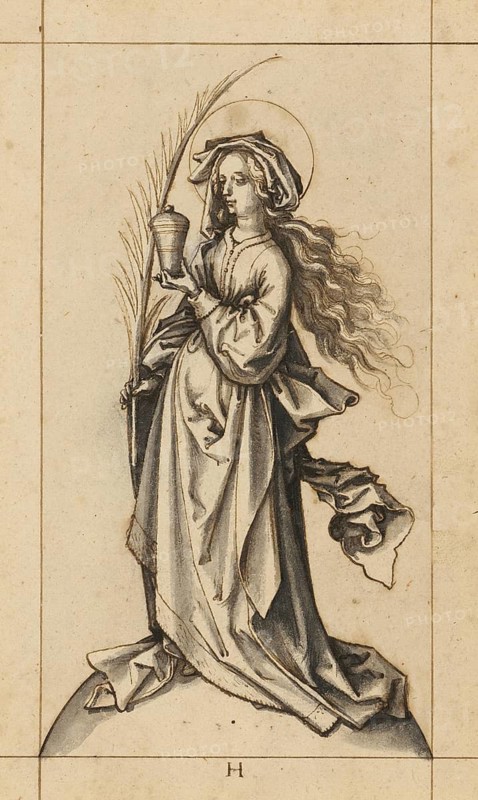 Picture showing St Mary Magdalene, German Renaissance depiction of Mary Magdalene with her typical attributes: the ointment jar in her hand and long, loose hair, authentic reproduction of a work of art, painting, drawing by Hans Holbein the Elder (born 1465 in Augsburg, died 1524 in Basel or Isenheim), German Renaissance painter, historical