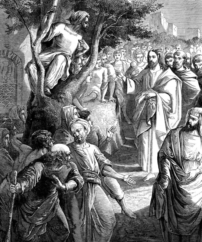 Zacchaeus on the mulberry tree, Luke Gospel, chapter 19, verse 5, New Testament, chief tax collector, rich, little person, Jesus comes down, stop at home, invite, crowd, Bible, historical illustration 1850