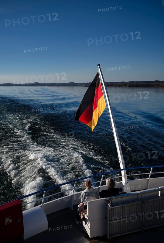 German flag, German flag, flying on ferry, passengers, behind Lindau, Bavaria, Lake Constance, Germany