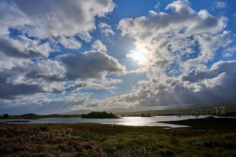 Peaceful landscape with a sunlit lake under clouds, Rannoch Moor, Bridge of Orchy, Scotland, United Kingdom, Great Britain