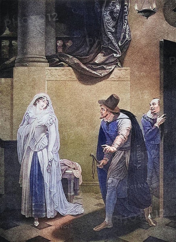 The Merchant of Venice, Act II. Scene V. In front of Shylock's house. Shylock, Jessica and Launcelot. From the Boydell Shakespeare Gallery, published at the end of the 19th century, Historic, digitally restored reproduction from a 19th century original, Record date not stated