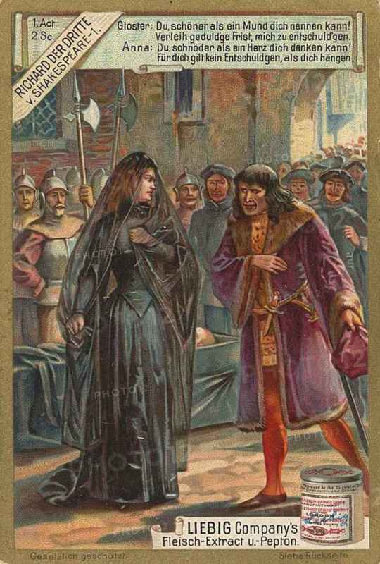 Picture series Richard the Third by Shakespeare, Liebig picture, digitally restored reproduction of a collector's picture from around 1900, public domain, exact date unknown, medieval scene with a man and a woman in a historical dispute, surrounded by people