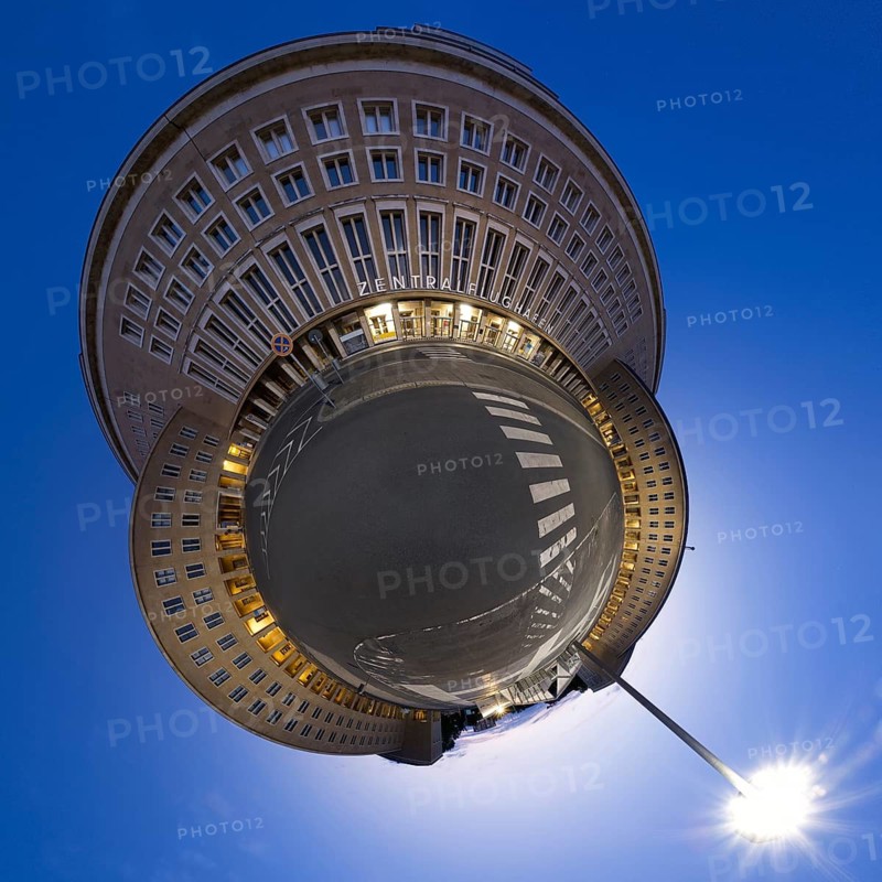 Reception building of the former Tempelhof Airport (Central Airport) Berlin in the Small Planet representation, Brlin, Germany