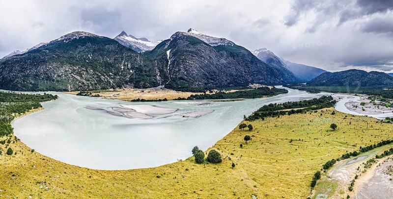Aerial view over Rio Baker at the Rio Nadis mountain range south of Cochrane, Patagonia, Chile