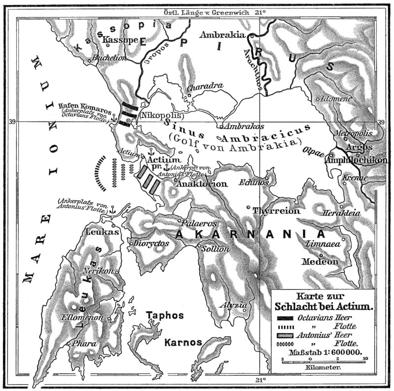 Map of the Battle of Actium on 2 September 31 BC, Ionian Sea, Greece