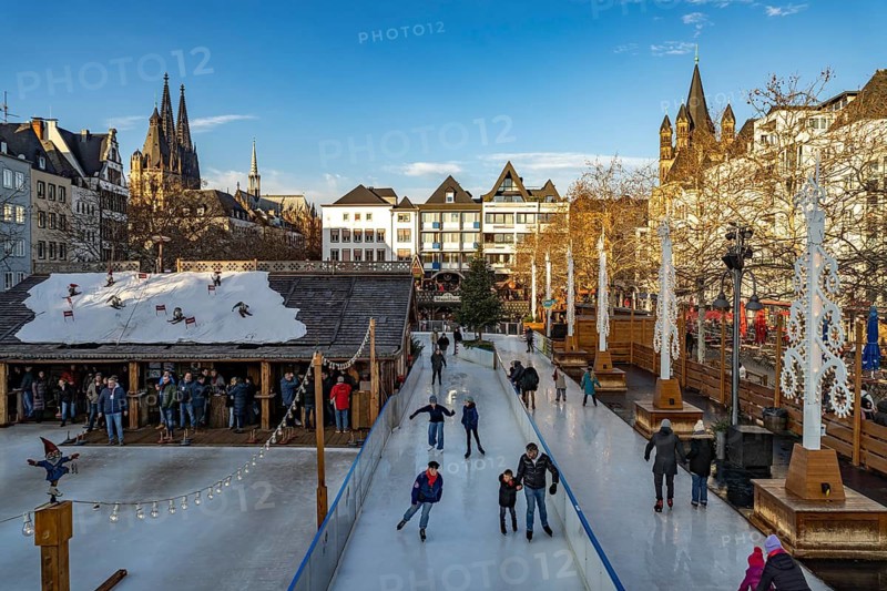Christmas market Heinzel's winter fairy tale with the ice rink at Heumarkt in Cologne, North Rhine-Westphalia, Germany